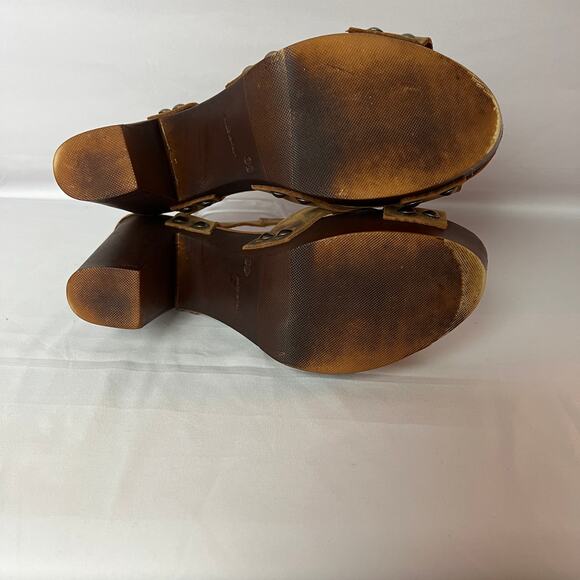 Mila Paoli Brown Distressed Leather Chunky Block Heel Sandals Size 8.5 - Picture 6 of 8